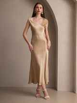 [Champagne] SilkSilky-NO Cap Sleeve Scoop Neck Kjole 004