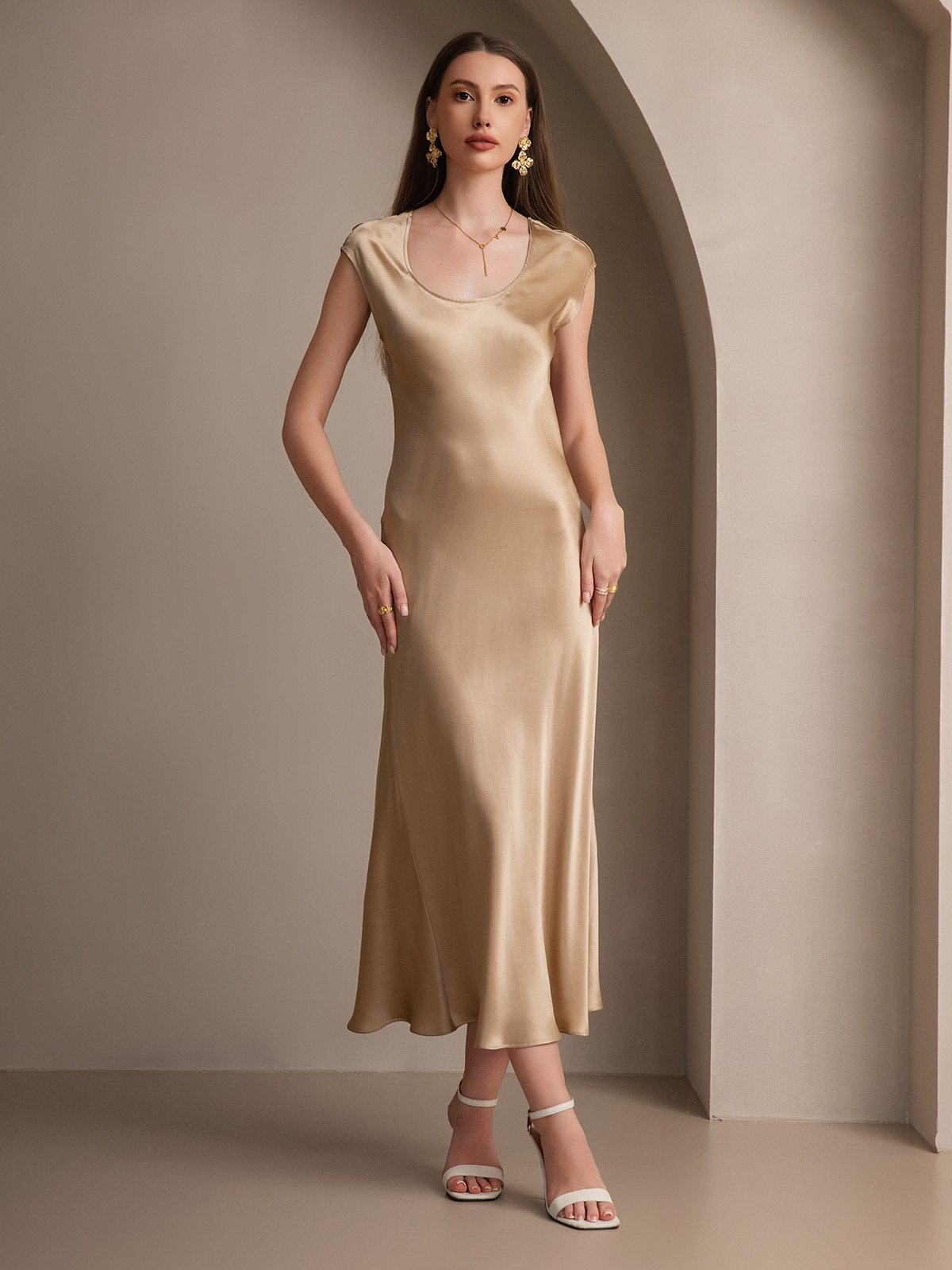 [Champagne] SilkSilky-NO 19Momme Silke Dress 004