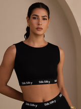 [Svart] SilkSilky-NO Sleeveless Crew Neck Camisole Topp 001