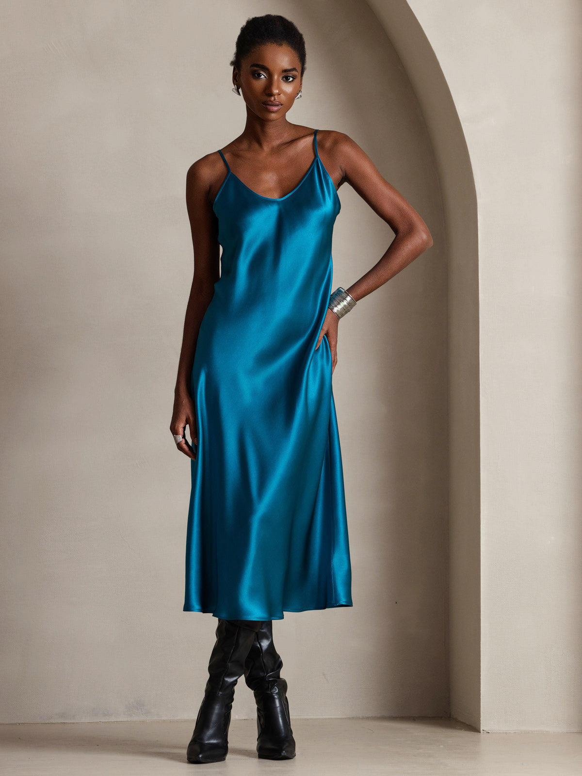 [Blågrønn] SilkSilky-NO Pure Silk Sleeveless Round Neck Kjole 001