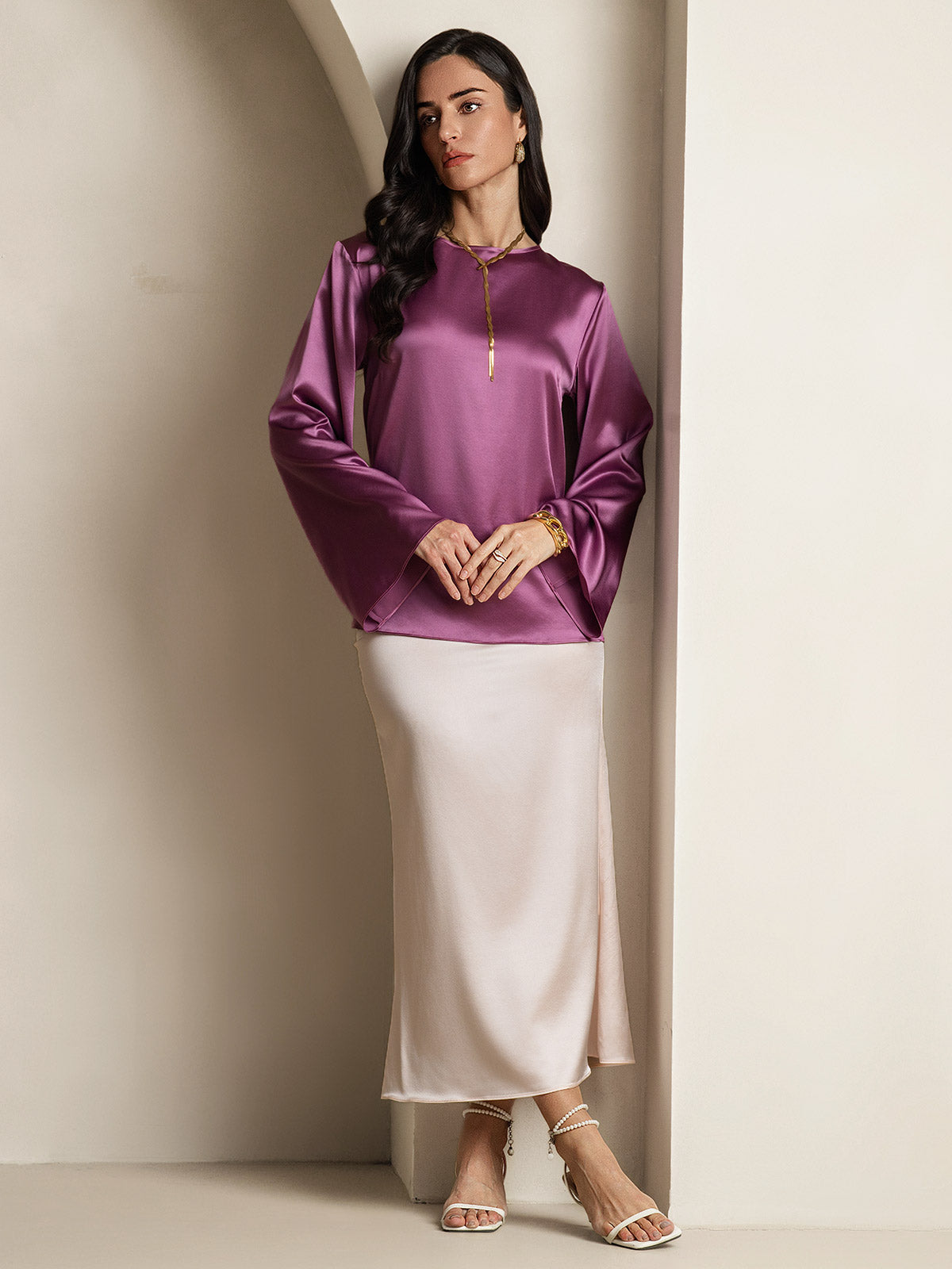 [Mørklilla] SilkSilky-NO 19Momme Silke Womens T-Shirt 007