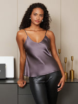 [Lilla Grå] SilkSilky-NO Spaghetti Strap V Neck Camisole Topp 006