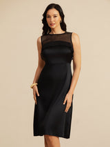 [Svart] SilkSilky-NO 19Momme Sleeveless Illusion Neck Kjole 001