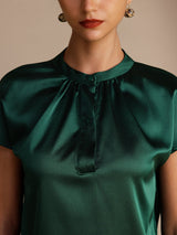 [Mørk Grønn] SilkSilky-NO Short Sleeve Blouse 004