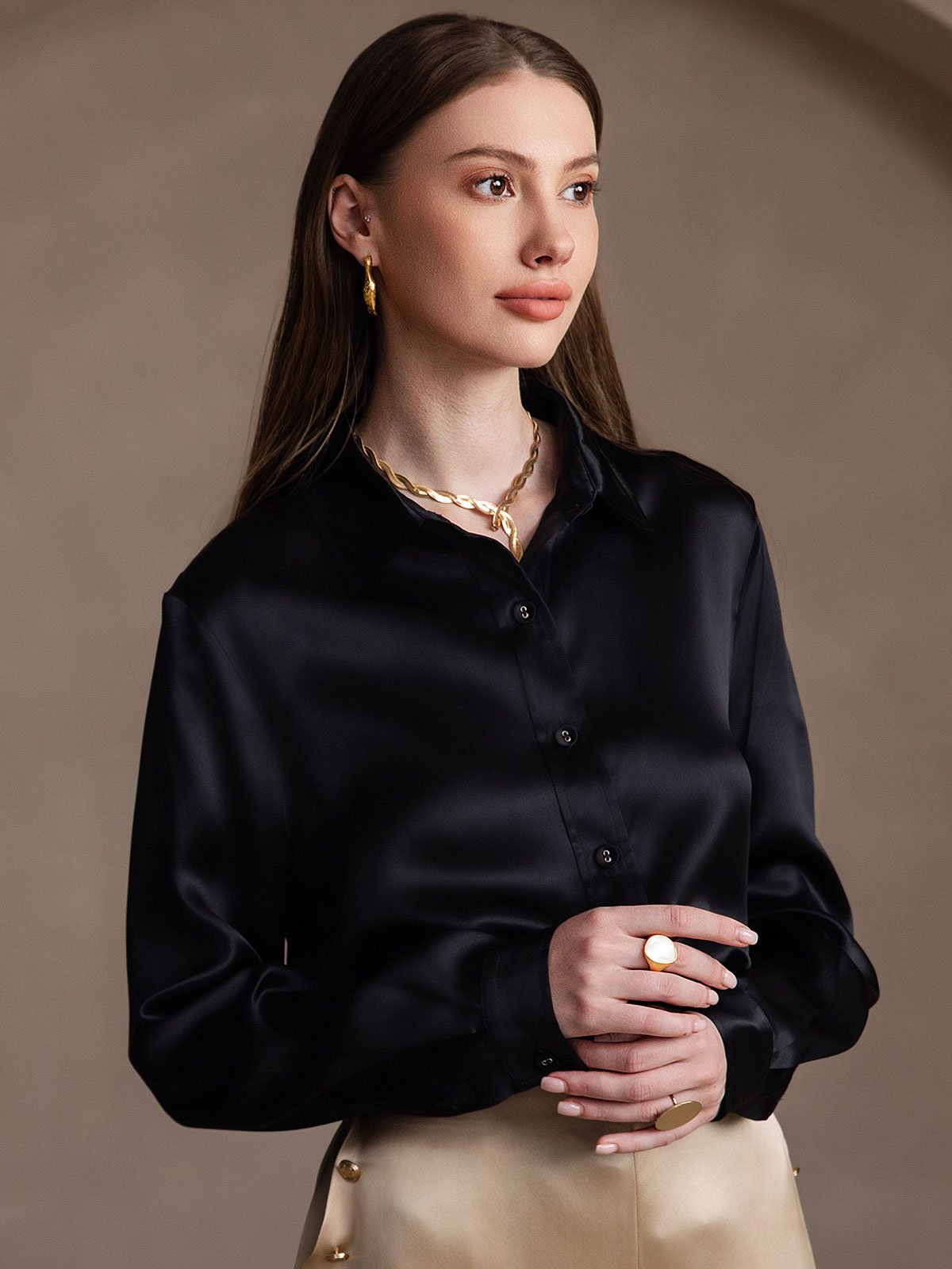 SilkSilky-NO 19Momme Silke Womens Shirt Svart 004