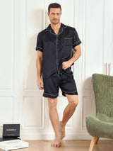 [Svart] SilkSilky-NO Short Sleeve Lapel Collar Pyjamas for menn 005