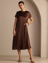 [Mørk Sjokolade] SilkSilky-NO Short Sleeve Round Neck Kjole 001