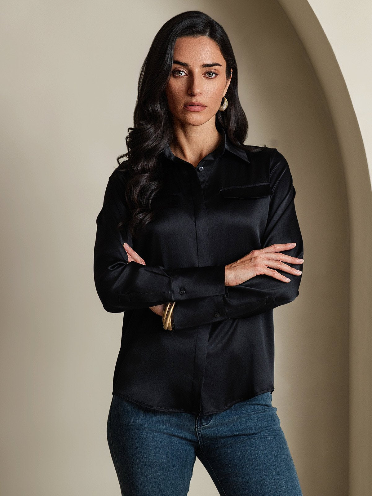 SilkSilky-NO 19Momme Silke Womens Shirt Svart 003