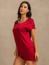 [Vin] SilkSilky-NO 19Momme Kort erm Rund Hals Nattkjole 007