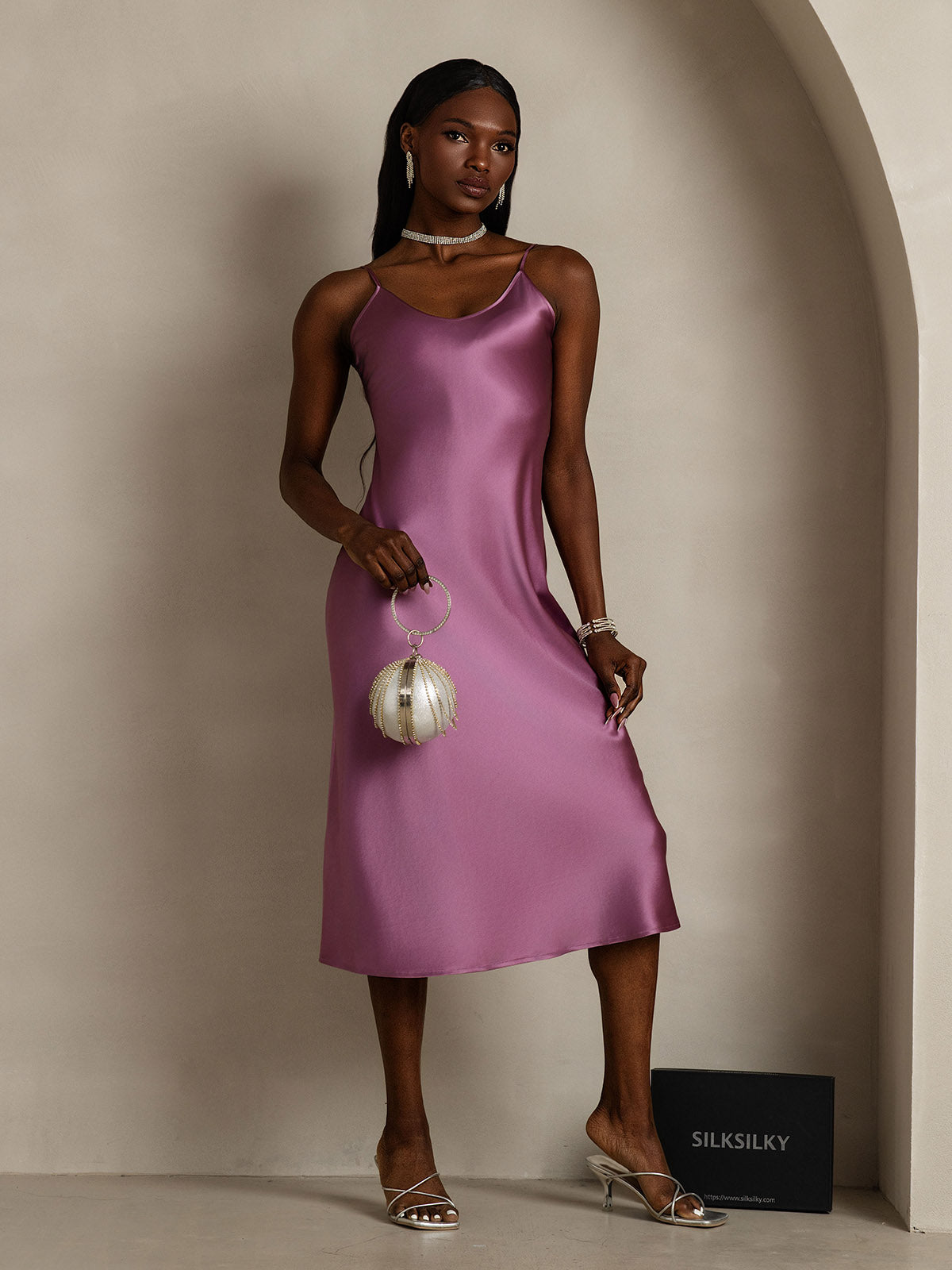 [Mørklilla] SilkSilky-NO Pure Silk Sleeveless Round Neck Kjole 006