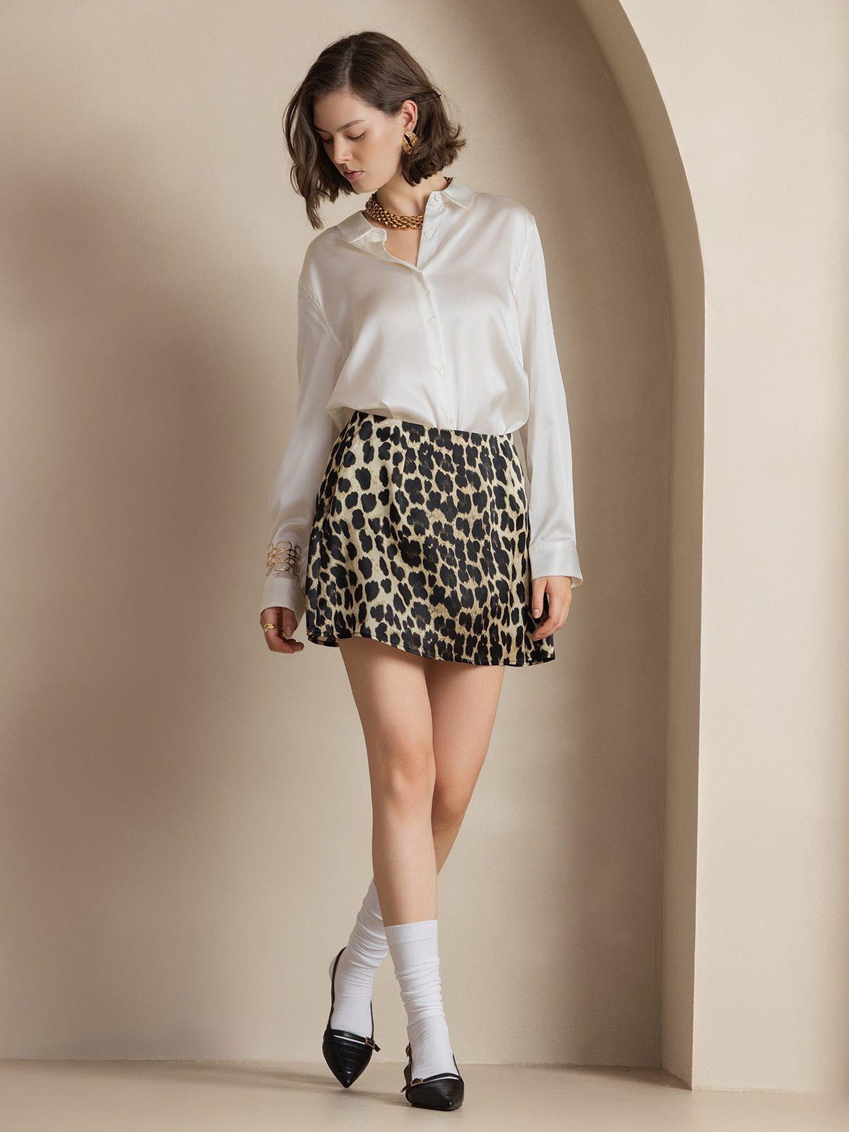 [Hvit] SilkSilky-NO Silke Long Sleeve Collar Skjorte for Kvinner 007