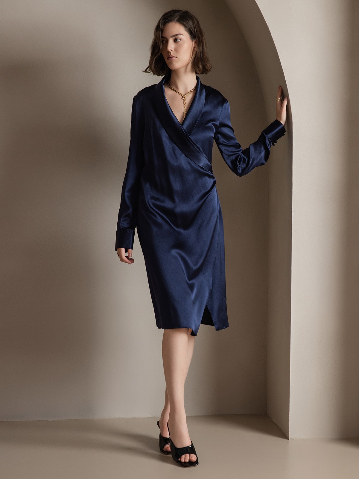 SilkSilky US 19Momme Silk Blend Long Sleeve V Neck Dress DarkBlue 005