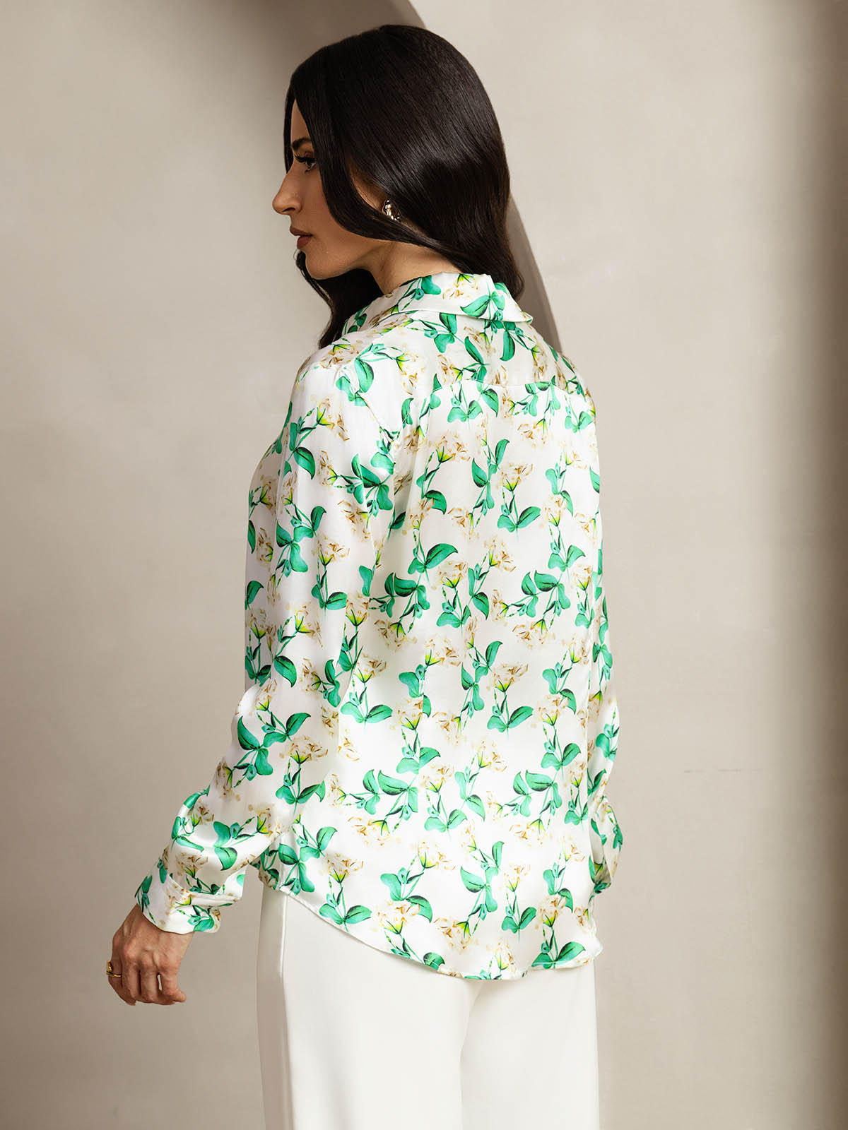 [Grønn Blomster] SilkSilky-NO Silke Lapel Collar Skjorte for Kvinner 002