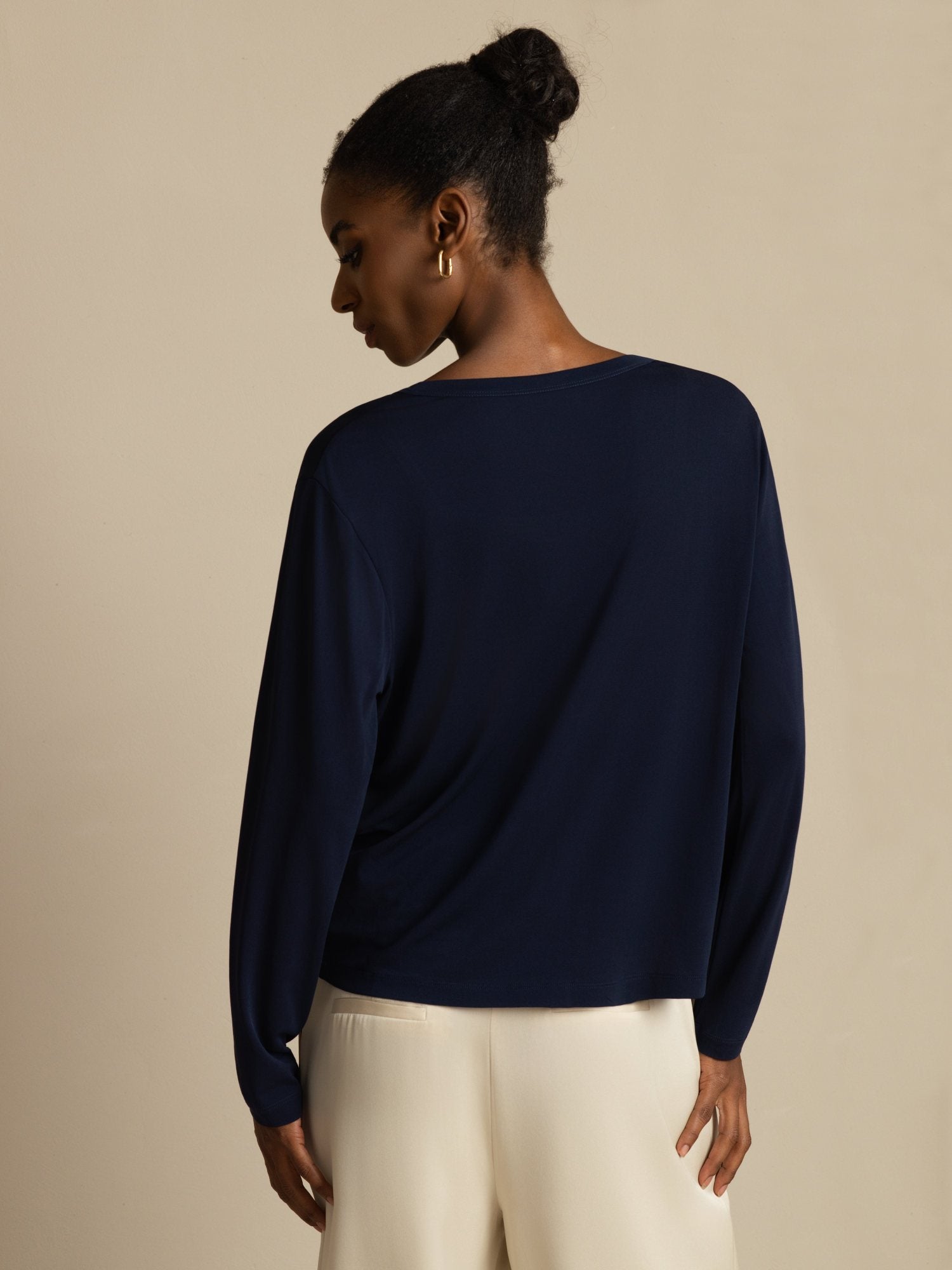 [Mørkeblå] SilkSilky-NO 19Momme Silke Langermet V Hals Dame Cardigan 002