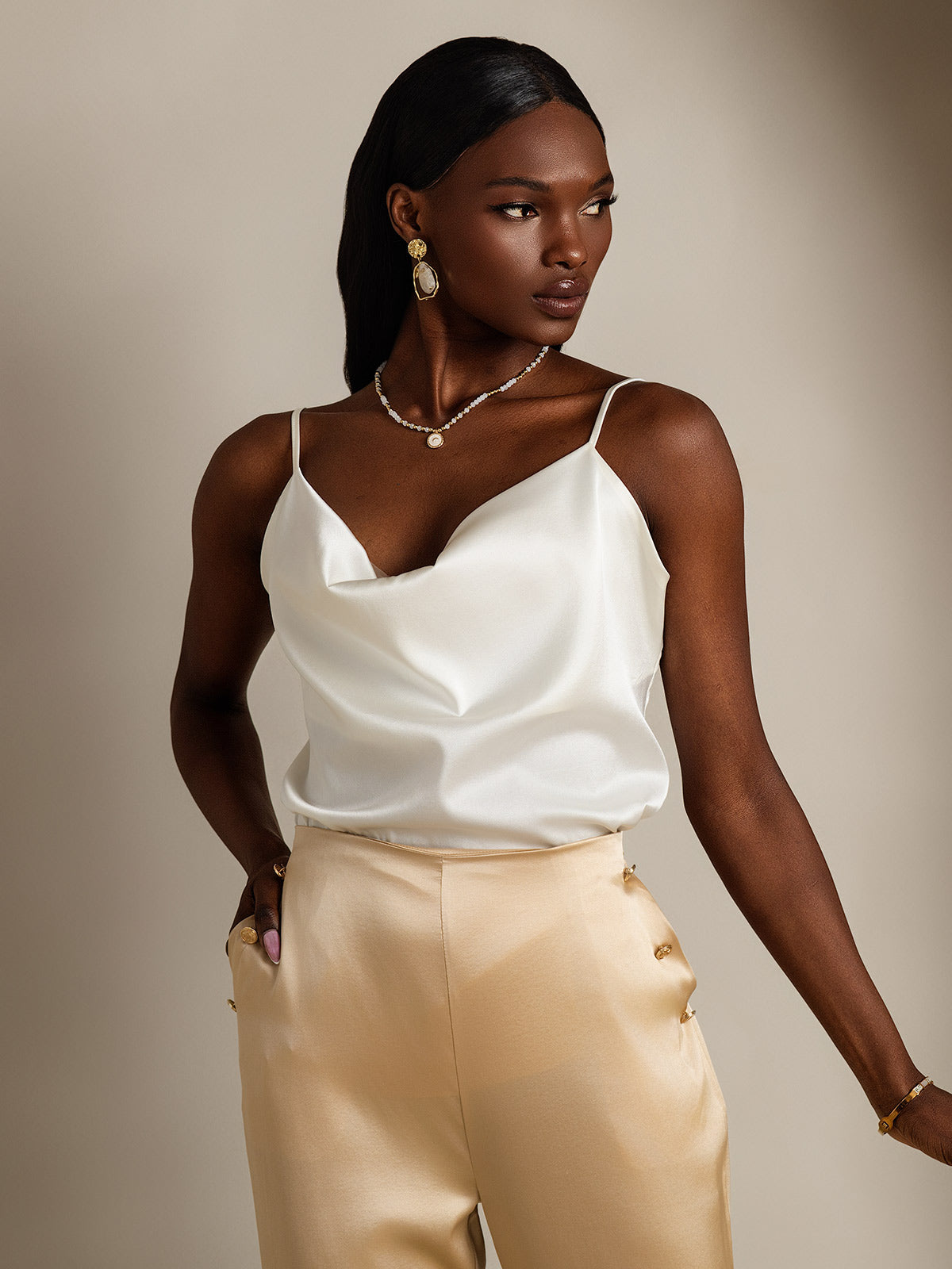 [Hvit] SilkSilky-NO 19Momme Silke Cowl Neck Camisole Topp 005