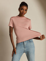 [Rosa] SilkSilky-NO 100% Silk Jersey Short Sleeve Falsk Krage T-skjorte for Kvinner 001