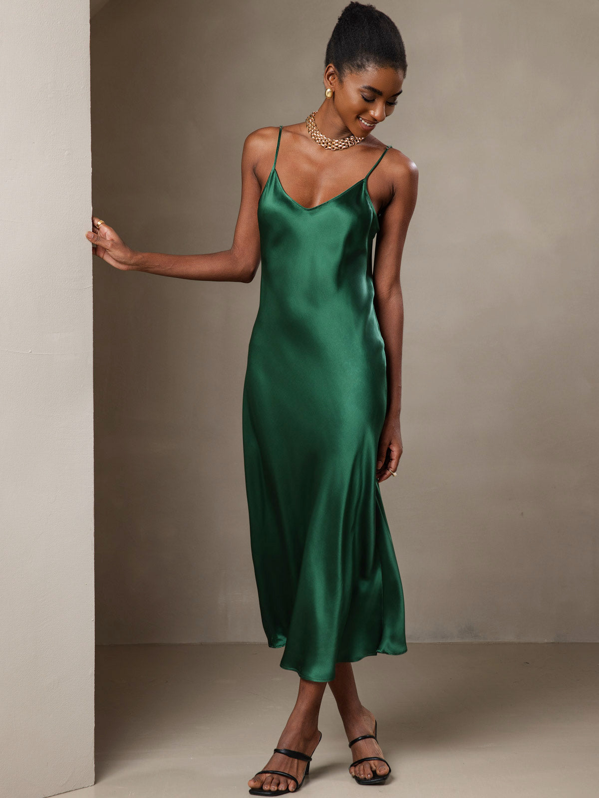 [Grønn] SilkSilky-NO Pure Silk Sleeveless Round Neck Kjole 007