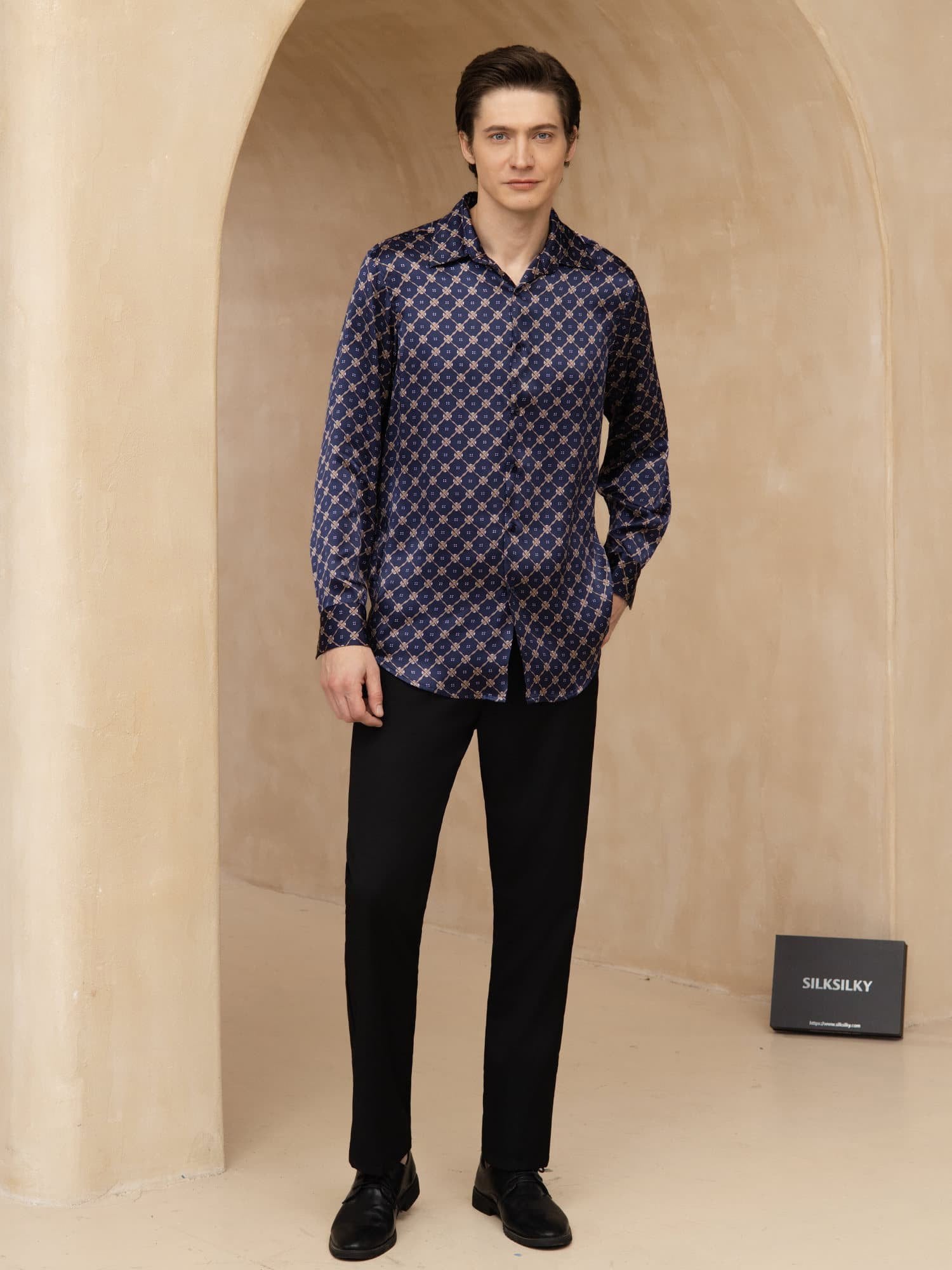 [Marine Kjede] SilkSilky-NO Langermet Slagkrage Skjorte for Menn 007