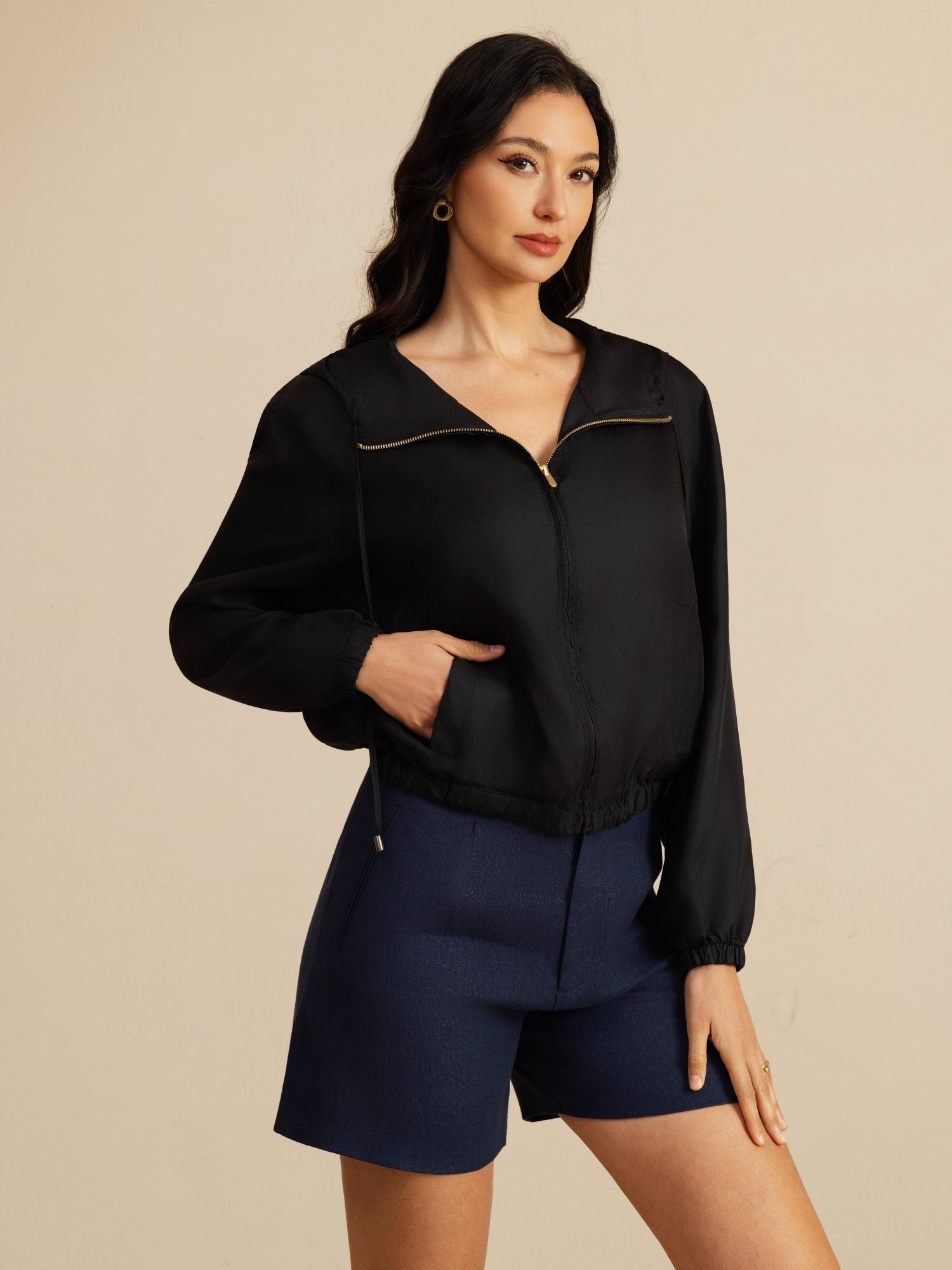 [Svart] SilkSilky-NO 18Momme Langermet Ståkrave Yttertøy for Kvinner 003