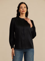 [Svart] SilkSilky-NO 19Momme Long Sleeve Round Neck Bluse 004