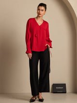 [Vin] SilkSilky-NO 19Momme Silke Langermet V Hals Bluse 001