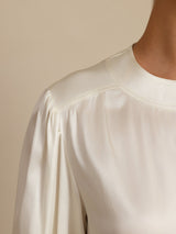 [Hvit] SilkSilky-NO 19Momme Long Sleeve Round Neck Bluse 004