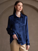 [Mørke blå] SilkSilky-NO 19Momme Langermet Slagkrage Skjorte for Kvinner 003