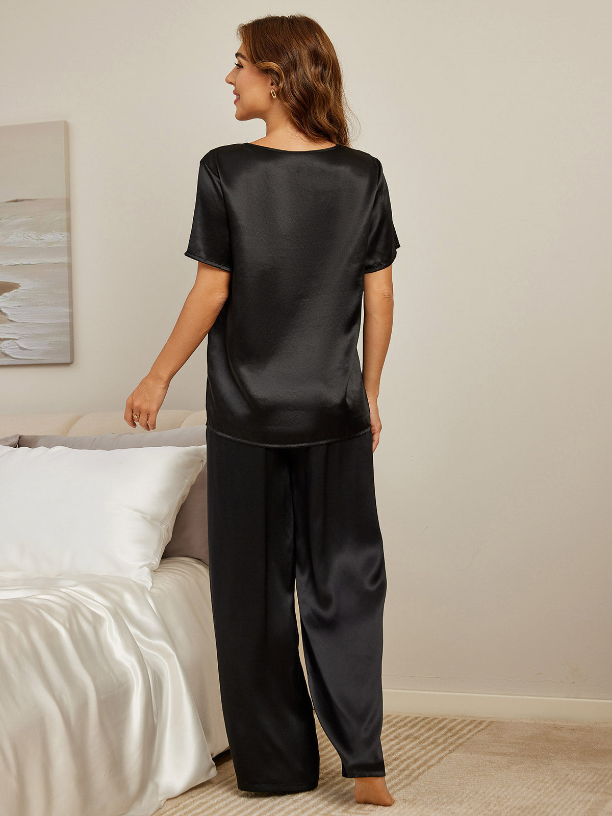 SilkSilky US Pure Silk Short Sleeve Round Neck Women's Pajamas Black 002