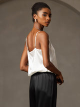 [Hvit] SilkSilky-NO 19Momme Spaghetti Stropp Dyp Rund Halsutringning Camisole Topp 004