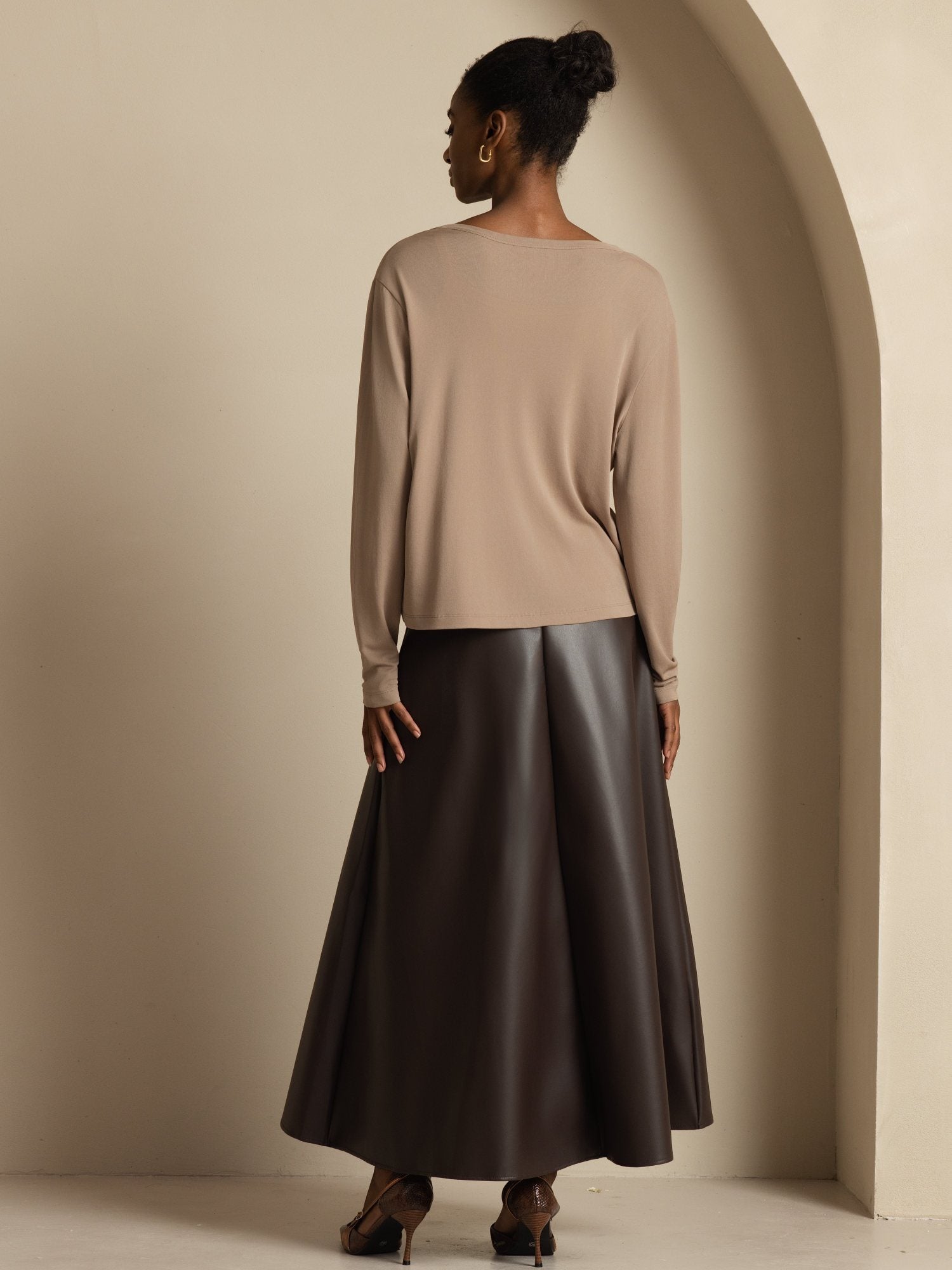 [Tan] SilkSilky-NO 19Momme Silke Langermet V Hals Dame Cardigan 007