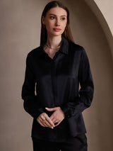 [Svart] SilkSilky-NO Long Sleeve Lapel Collar Skjorte for Kvinner 004