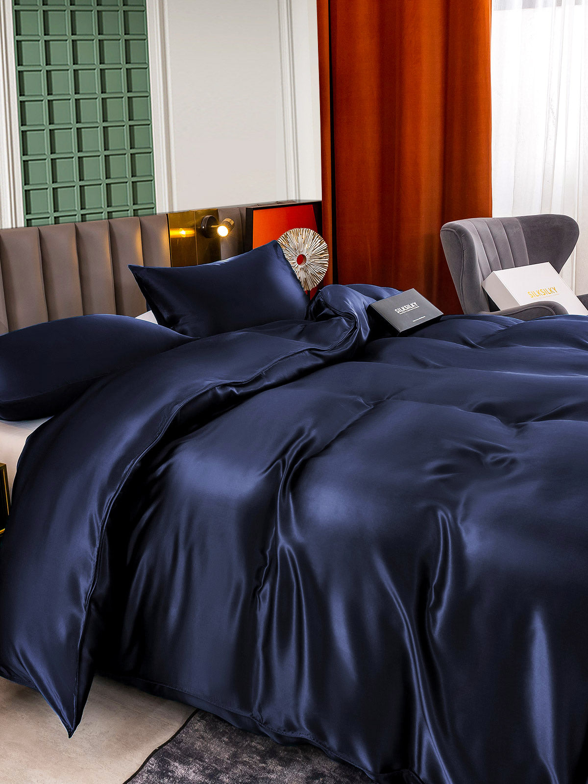 [Mørke blå] SilkSilky-NO 25Momme Bedding Set 005