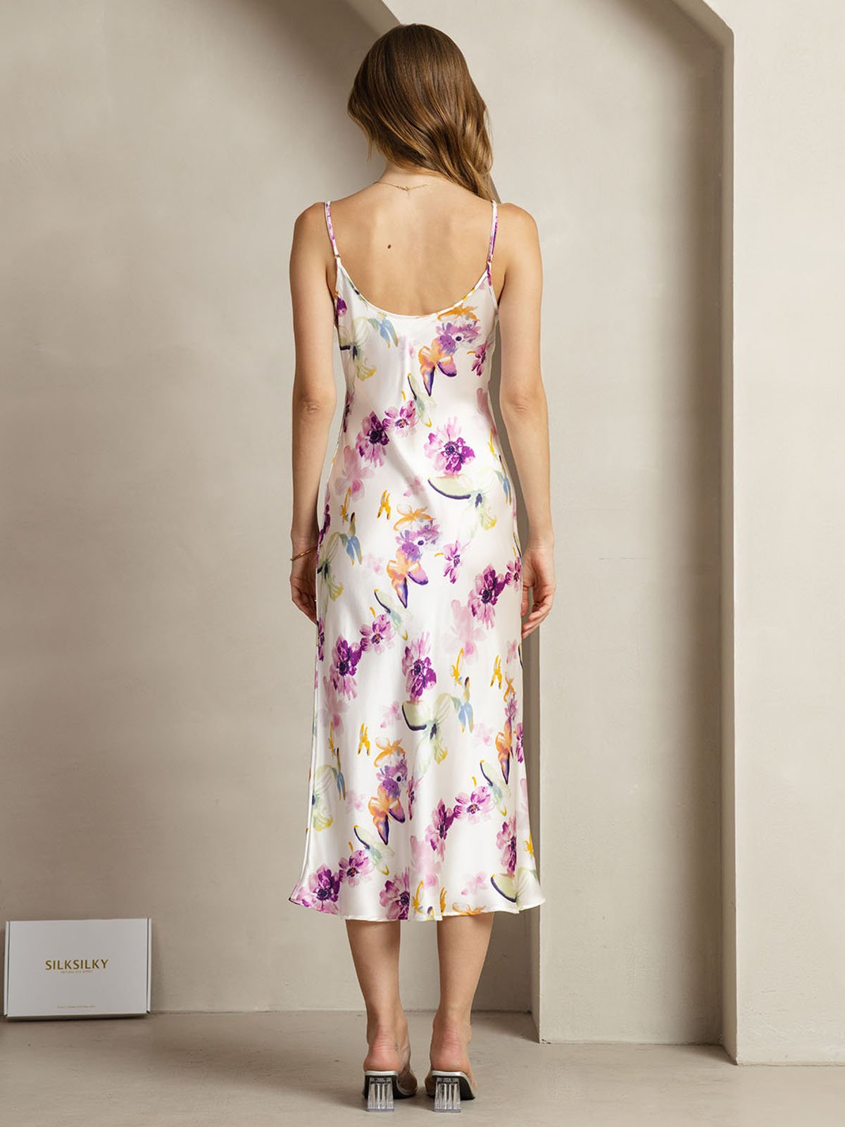 [Akvarellblomster] SilkSilky-NO 19Momme Silke V-Hals Kjole 002