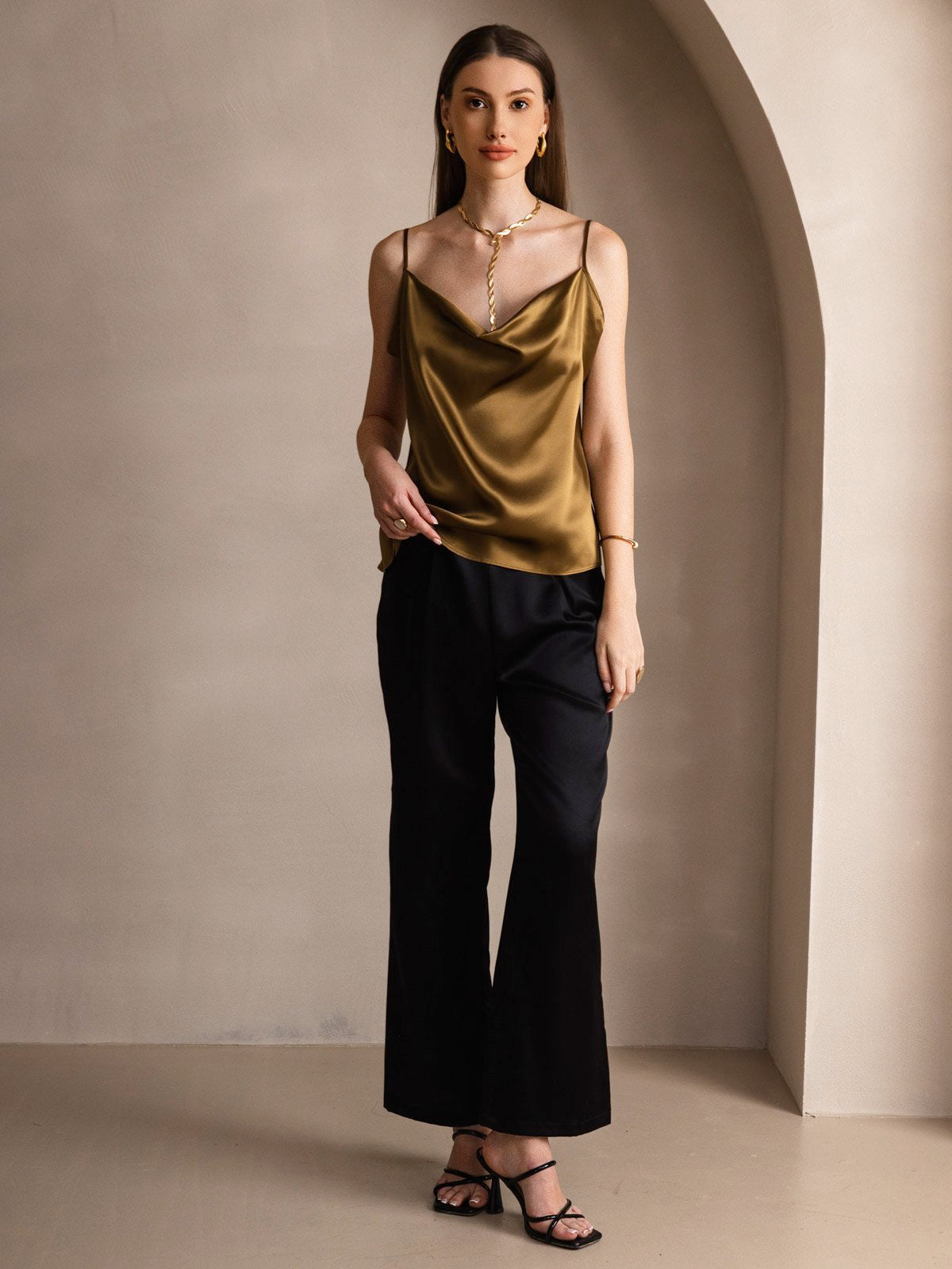 [Brun] SilkSilky-NO 19Momme Silke Cowl Neck Camisole Topp 005