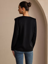 [Svart] SilkSilky-NO Long Sleeve Deep V Neck Damebluser 002