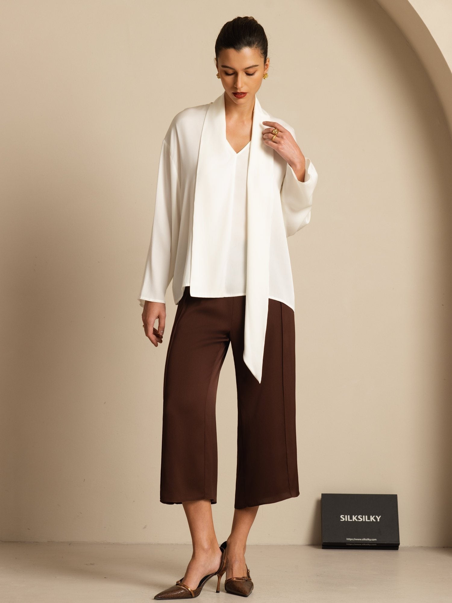 [Hvit] SilkSilky-NO 19Momme Silke Langermet V Hals Bluse 007