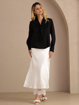 [Svart] SilkSilky-NO Long Sleeve Tie Neck Damebluser 006