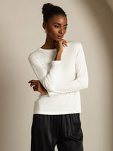 [Hvit] SilkSilky-NO Long Sleeve Crew Neck T-skjorte for Kvinner 006