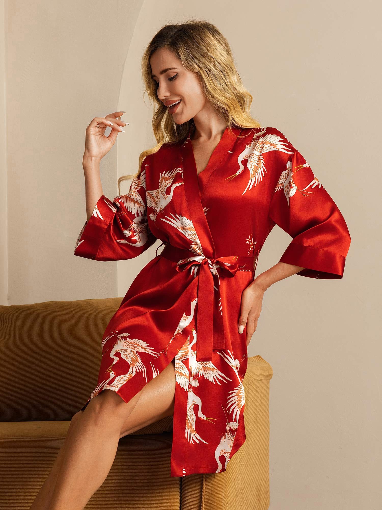 [Mørkerød] SilkSilky-NO 19Momme Silke Womens Robe 001
