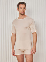 [Beige] SilkSilky-NO Kort erm Tett Crew Neck T-skjorte for Menn 001