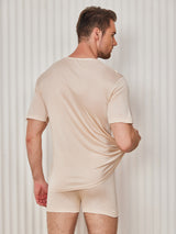 [Beige] SilkSilky-NO Kort erm Tett Crew Neck T-skjorte for Menn 002