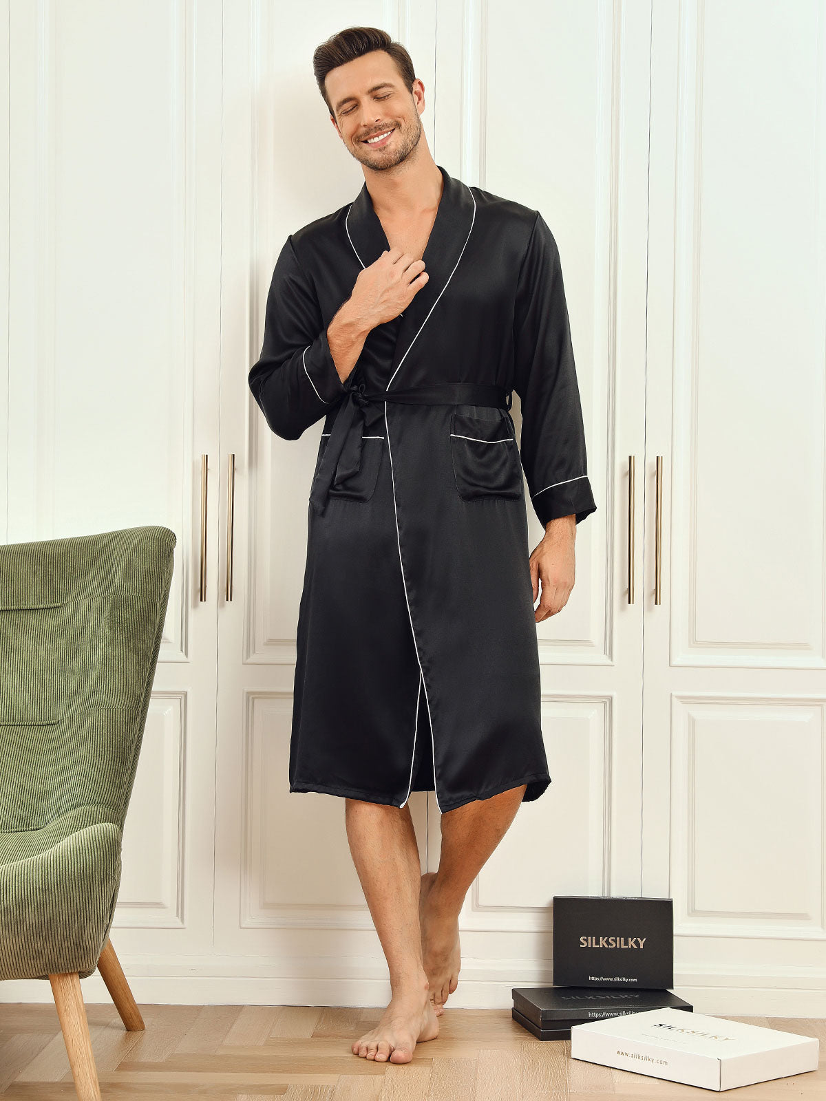 [Svart] SilkSilky-NO 19Momme Mens Robe 001