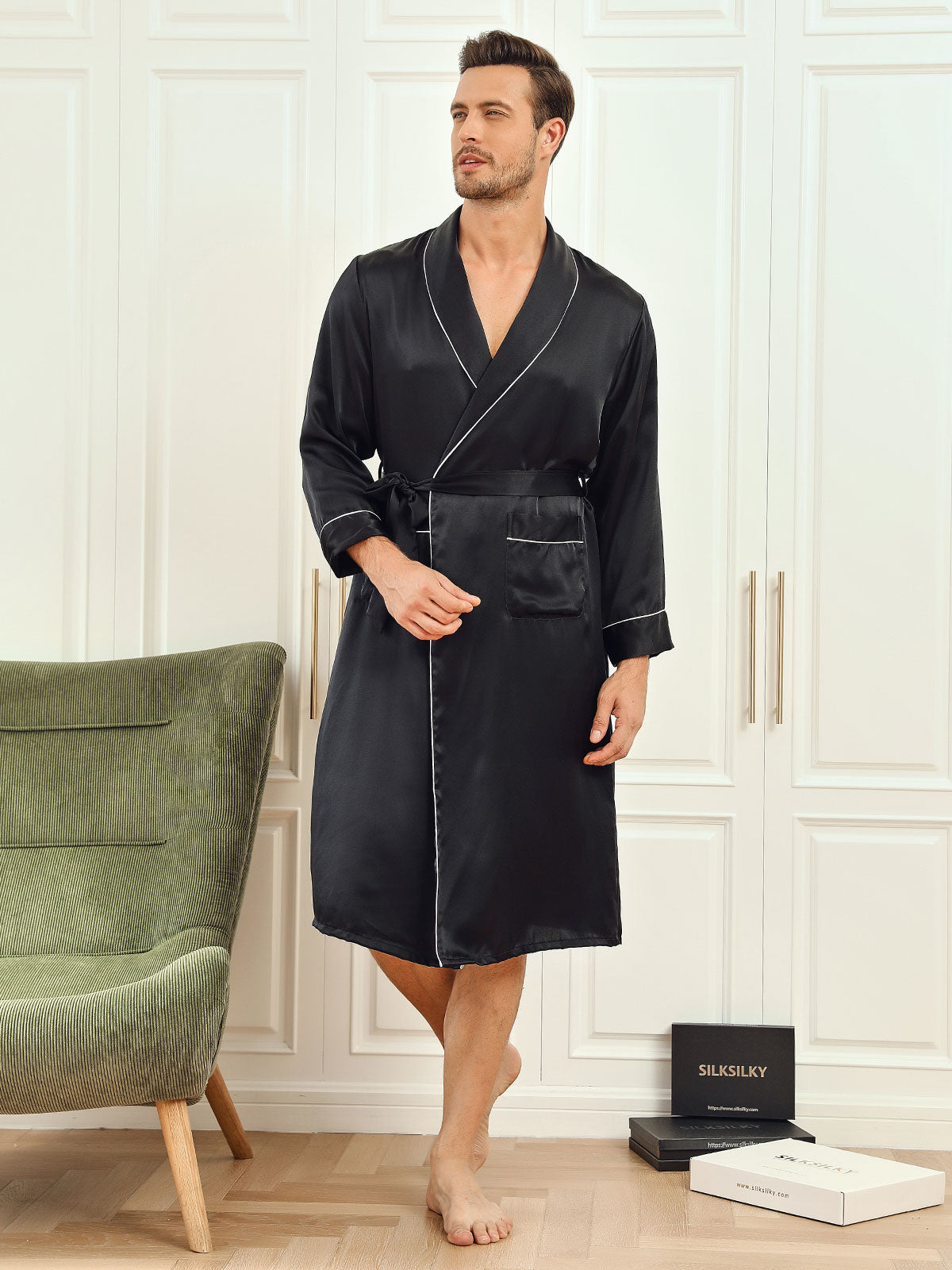 [Svart] SilkSilky-NO 19Momme Mens Robe 003