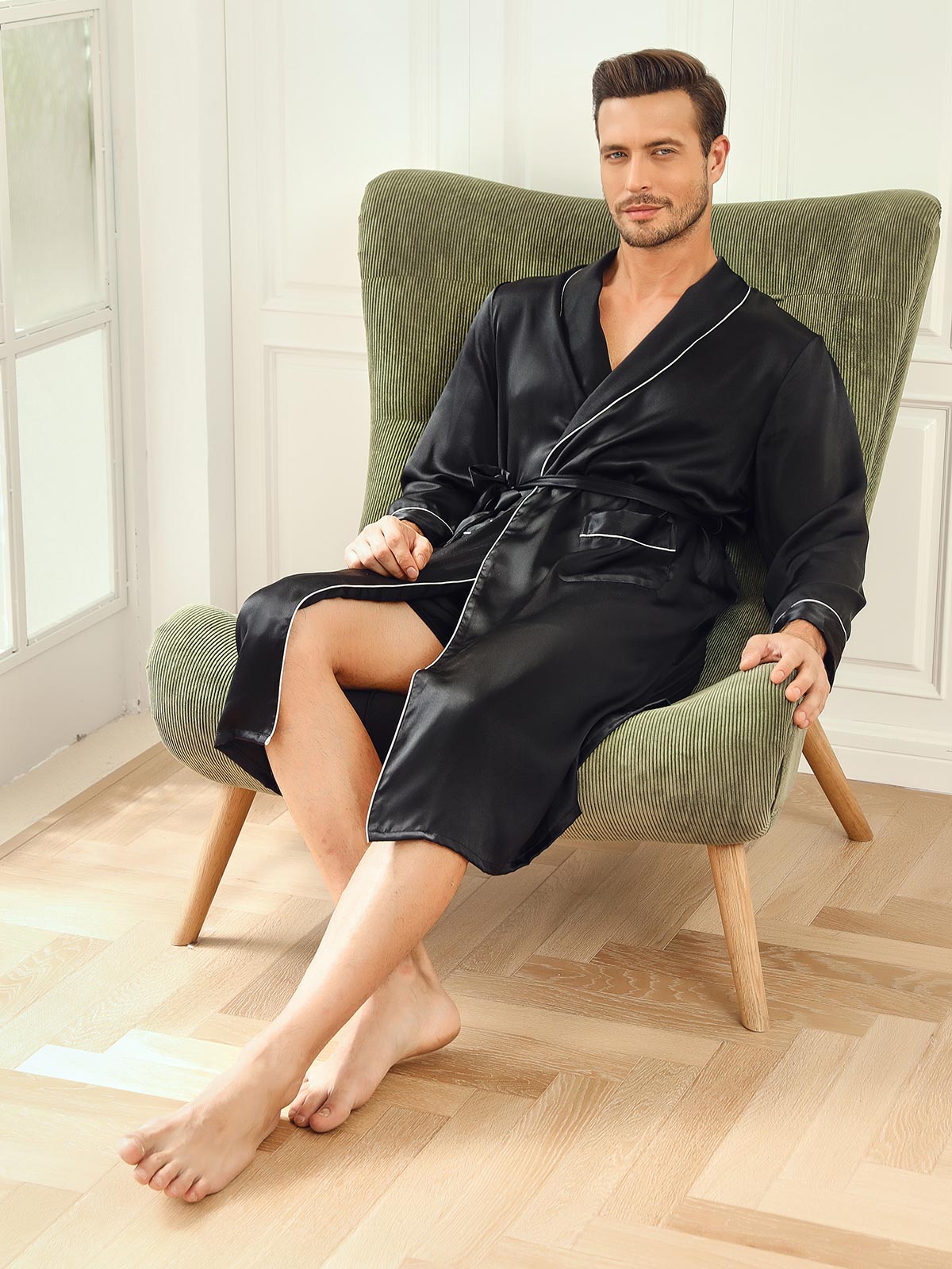 [Svart] SilkSilky-NO 19Momme Mens Robe 006
