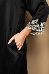 [Svart] SilkSilky-NO 3/4 Sleeve V Neck Nattkjole og Morgenkåpesett 009