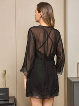 [Svart] SilkSilky-NO 3/4 Sleeve V Neck Nattkjole og Morgenkåpesett 003