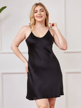[Svart] SilkSilky-NO Spaghetti Stropp V Hals Plus Size Dress 001