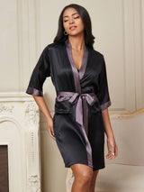 [Svart] SilkSilky-NO Halv erme Morgenkåpe for Kvinner 006