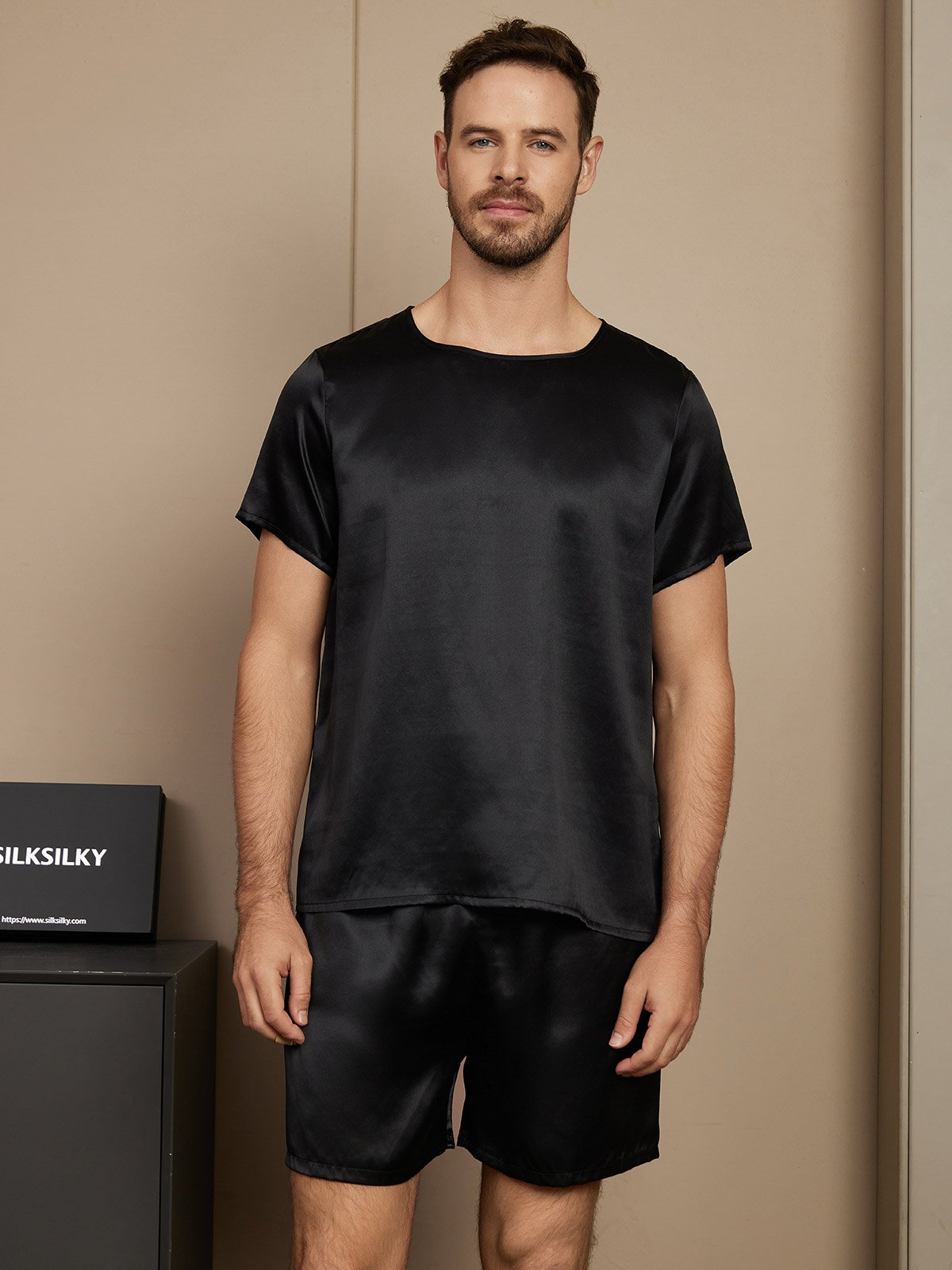 [Svart] SilkSilky-NO Short Sleeve Round Neck Pyjamas for menn 001