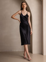 [Svart] SilkSilky-NO Spaghetti Strap V Neck Kjole 001